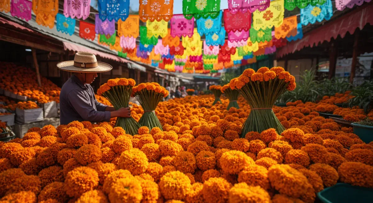 Marigold sellers arranging cempasúchil bundles at a market