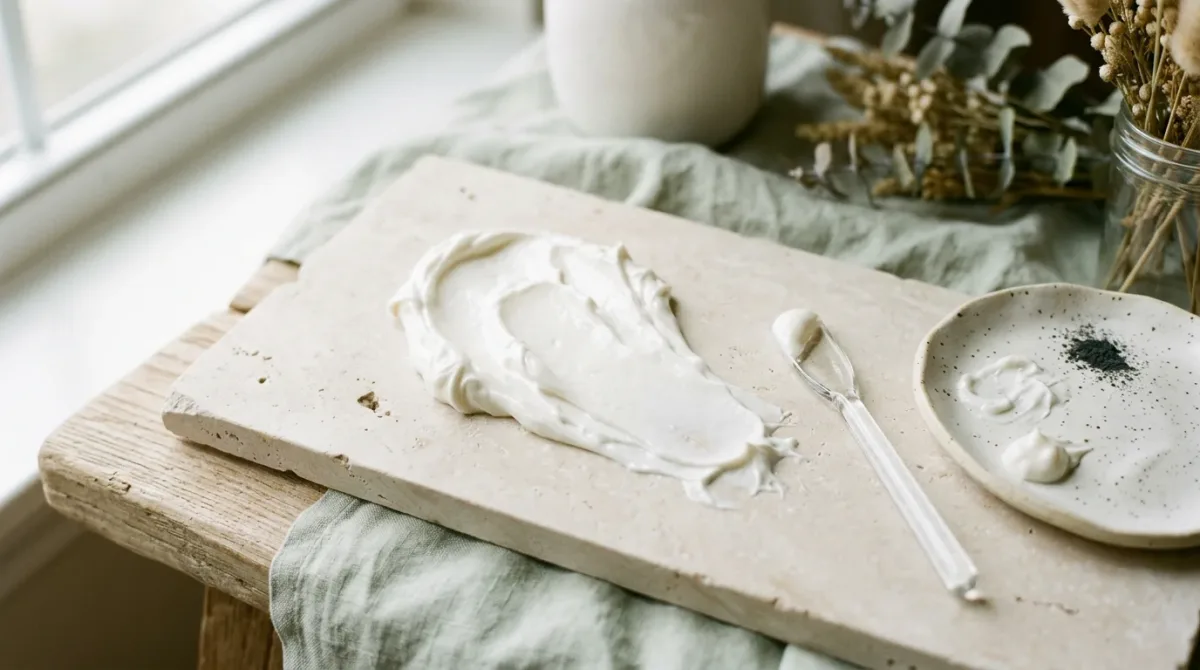 White cream texture swatch on a pale stone surface