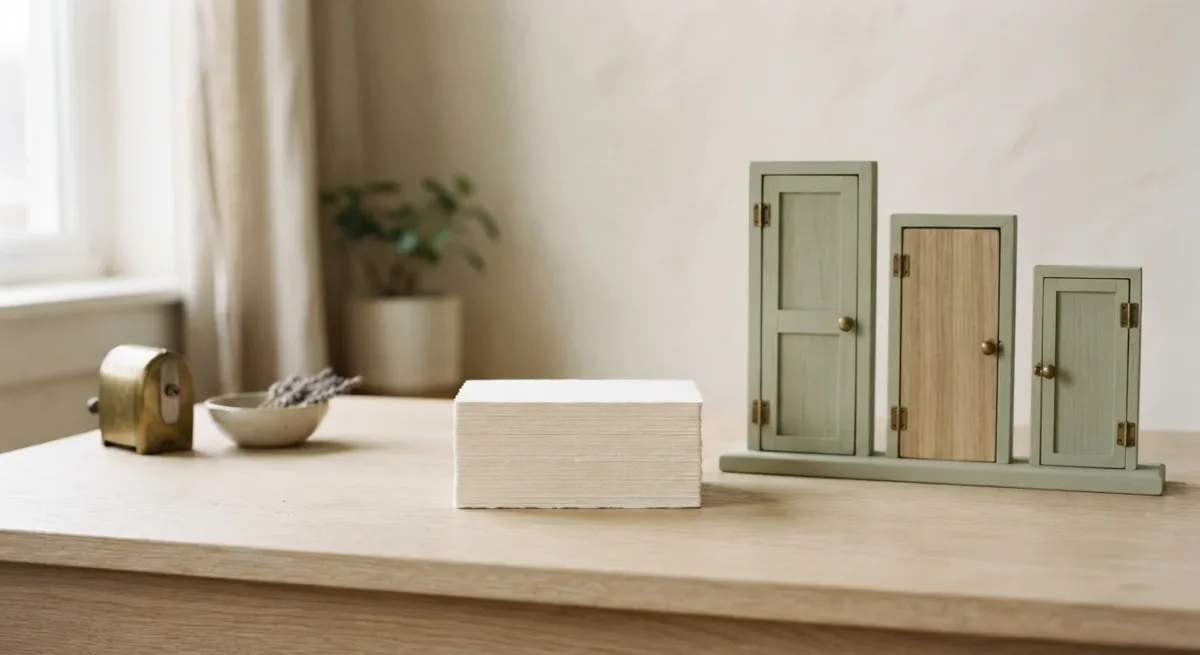 Stacks of identical paper cards fed toward three doors