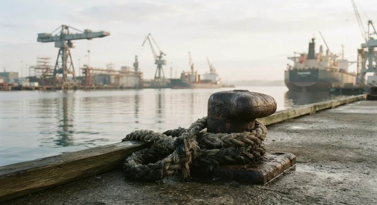 Gantry cranes and shipyard bollards in gray morning light