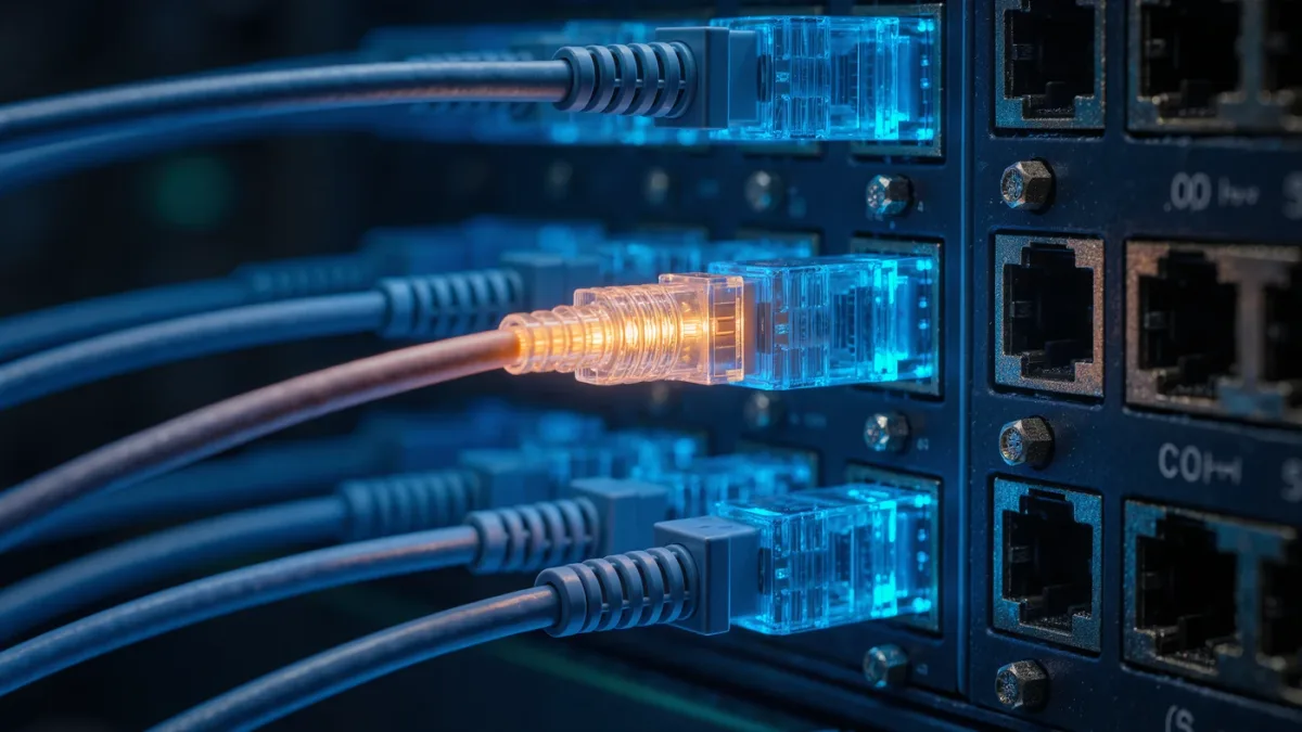 Close-up of a network switch with one cable glowing differently
