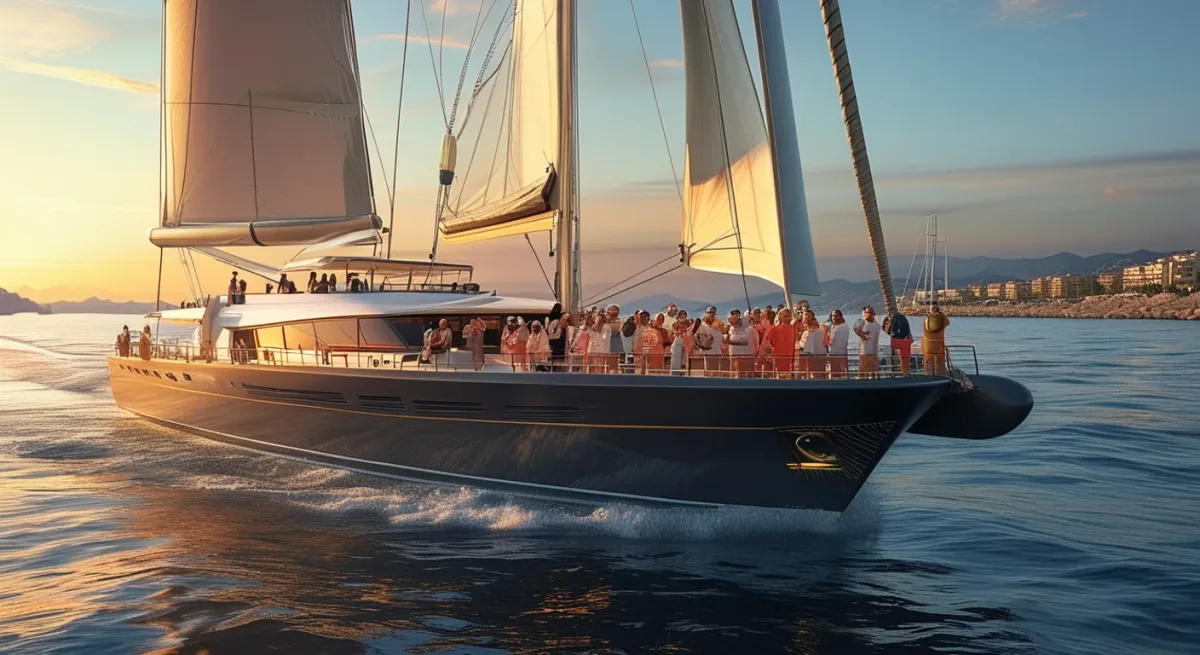 Regatta crews and dockside crowd at Palma yacht club evening