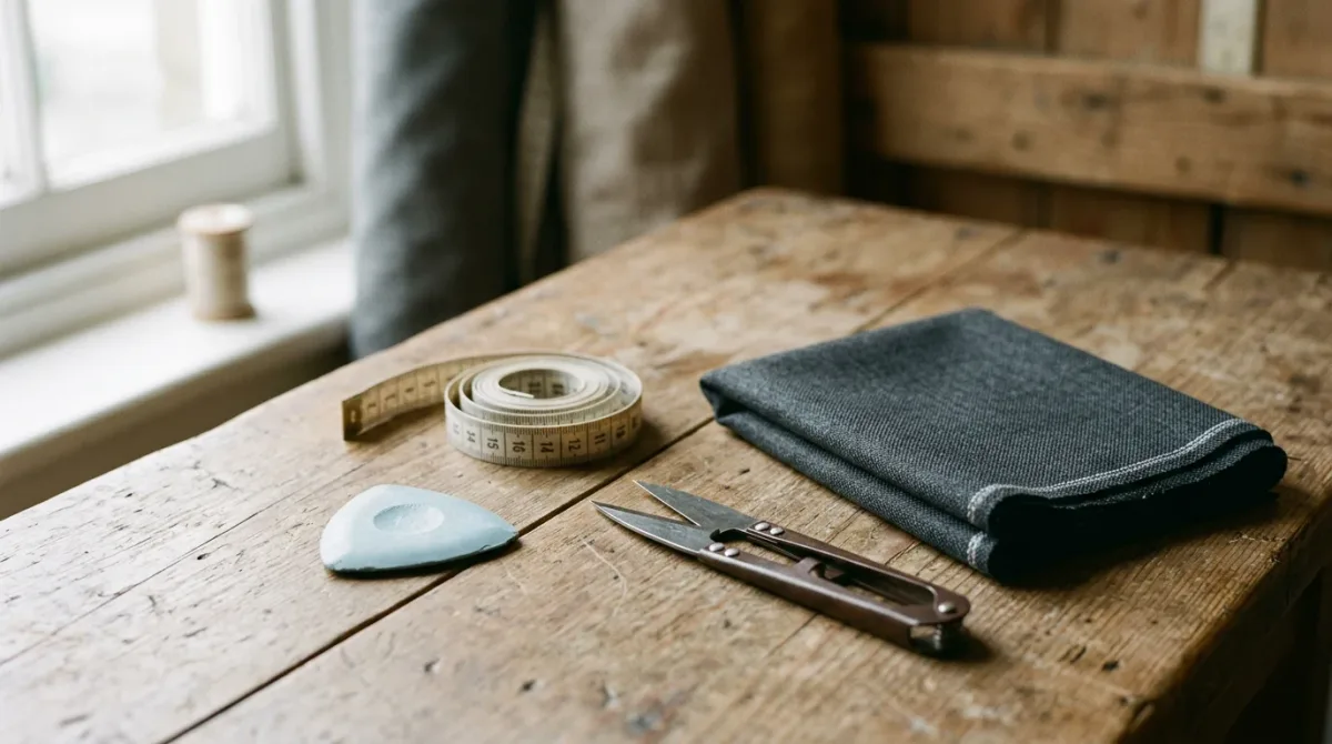 Tailor's chalk, measuring tape, and charcoal suiting swatch