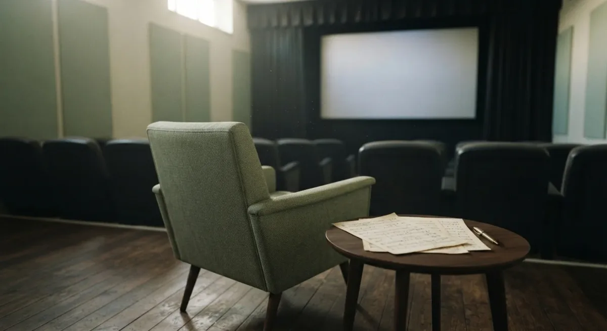 Empty screening room with paused blank screen and single chair