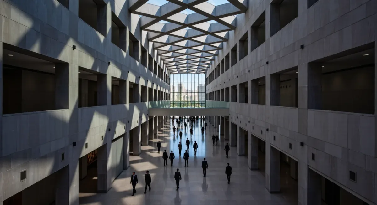 Officials passing through a multilateral institution's atrium