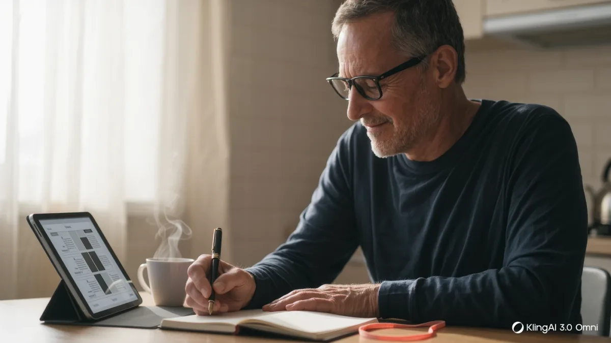 Person writing in a notebook beside a tablet showing a weekly digest