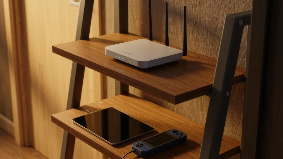 Router on shelf with kids devices charging nearby at night