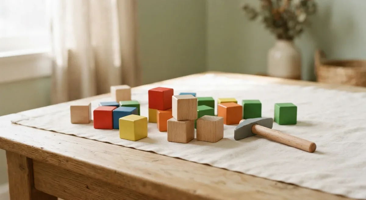 Bright building blocks and small tools on a table