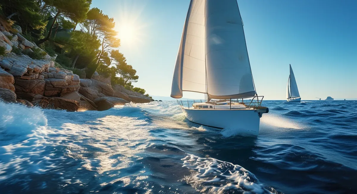 Racing fleet streaming past Cap Taillat coastline at Giraglia start