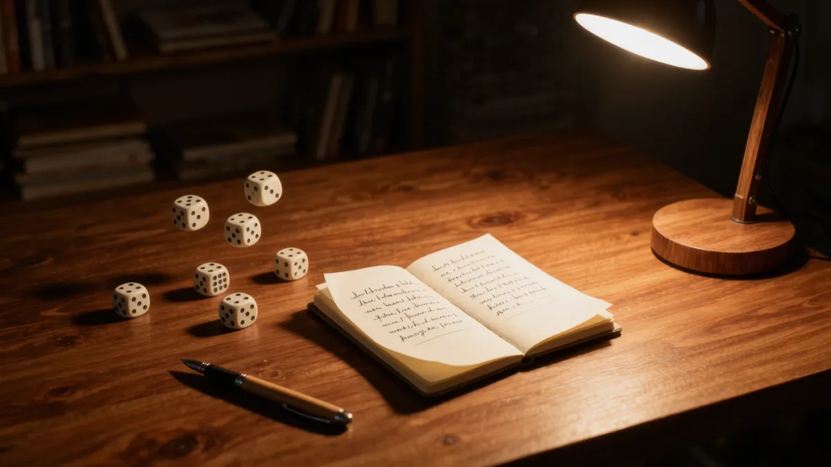 Notebook with dice and handwritten word list on desk
