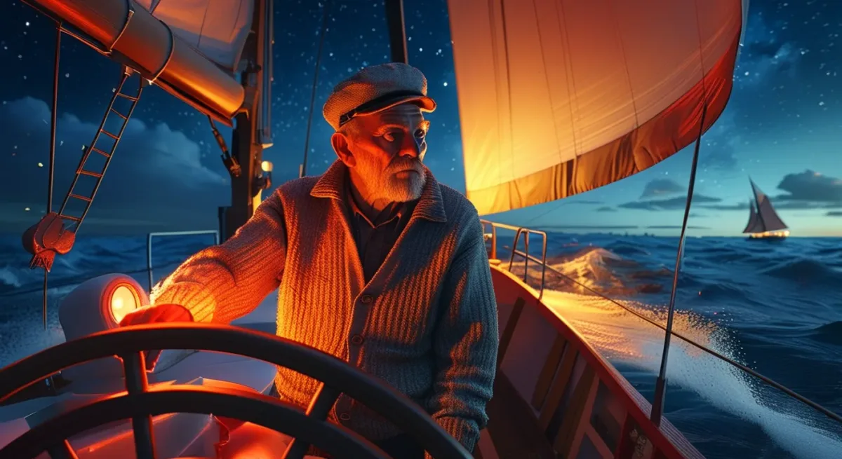 Skipper at helm under red night light with stars above