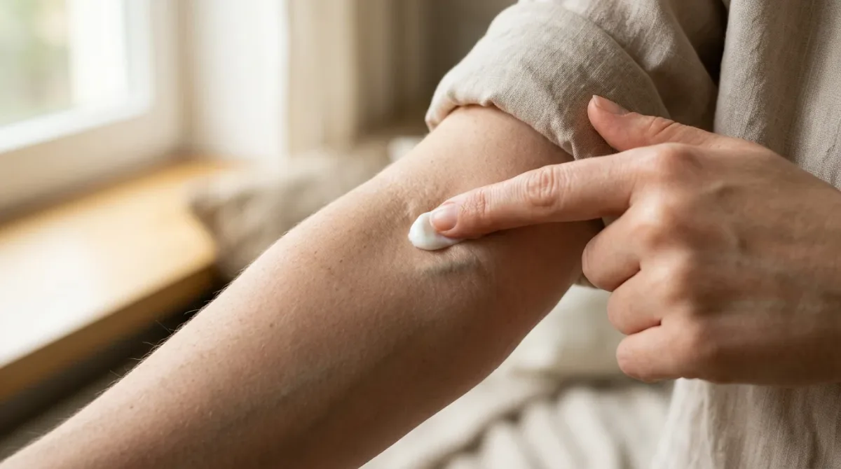 A fingertip applying a small dab of product to the inner-elbow crease, rendered in Beautyise's clean, instructional, beginner-friendly visual style.