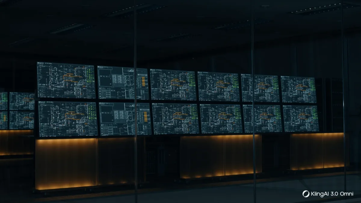 Server room operations scene with status lights indicating workflow pipelines