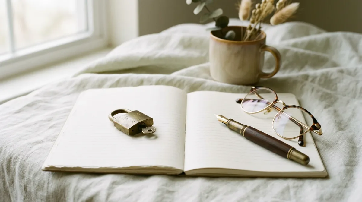 Open paper notebook with a pen beside a small padlock on a quiet desk