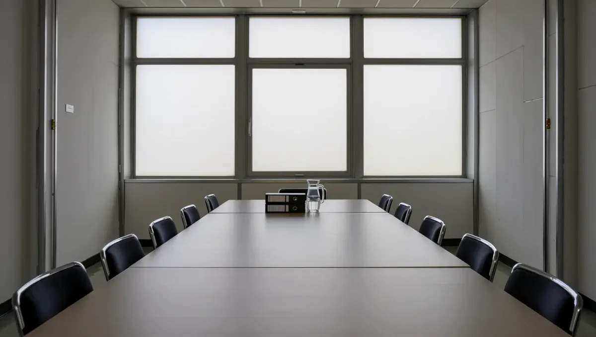 Single conference table with stacked binders in a plain arbitration suite waiting area