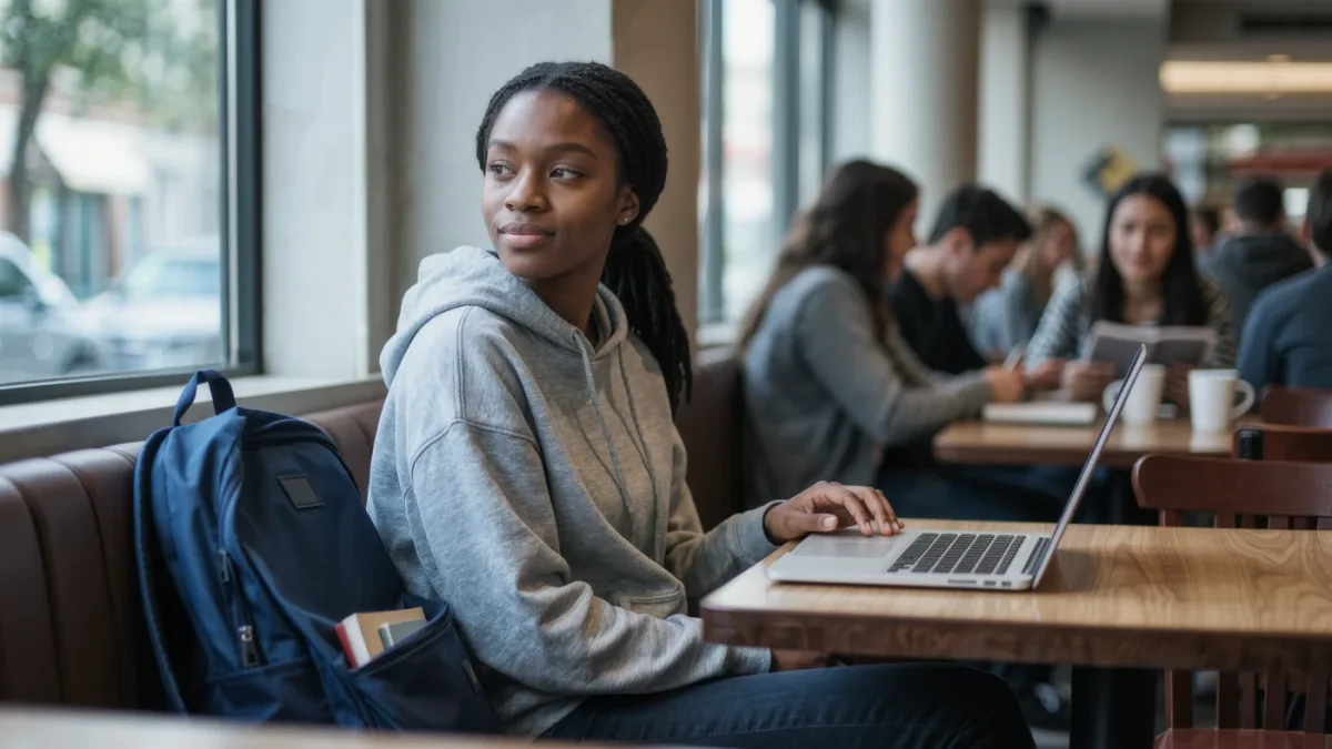 Student closing an encrypted laptop in a busy cafe
