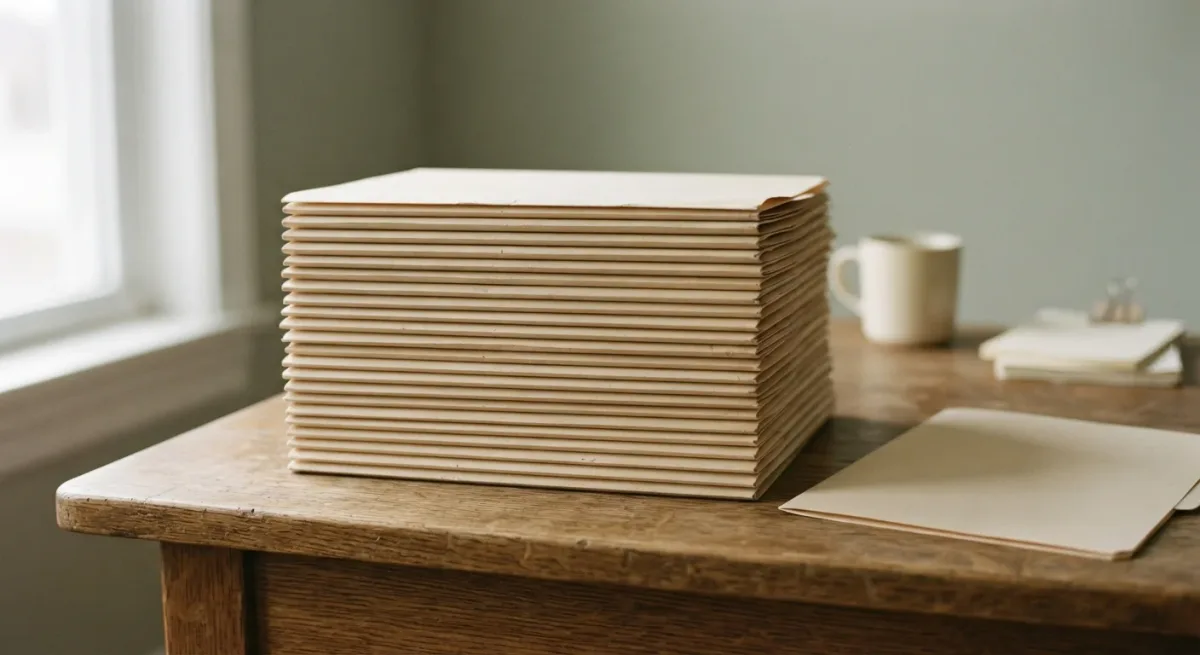 Stacked plain folders on a desk with one folder set apart