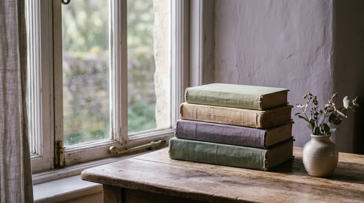 Several worn books stacked beside a dim window