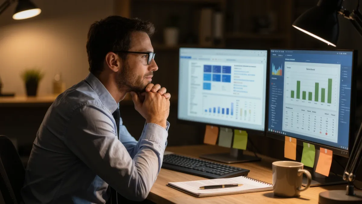 Attorney confirming flagged authority at a dual-screen research station