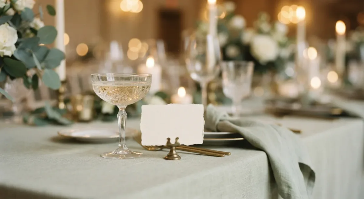 Champagne coupes and blank place cards on linen-dressed table, golden bokeh