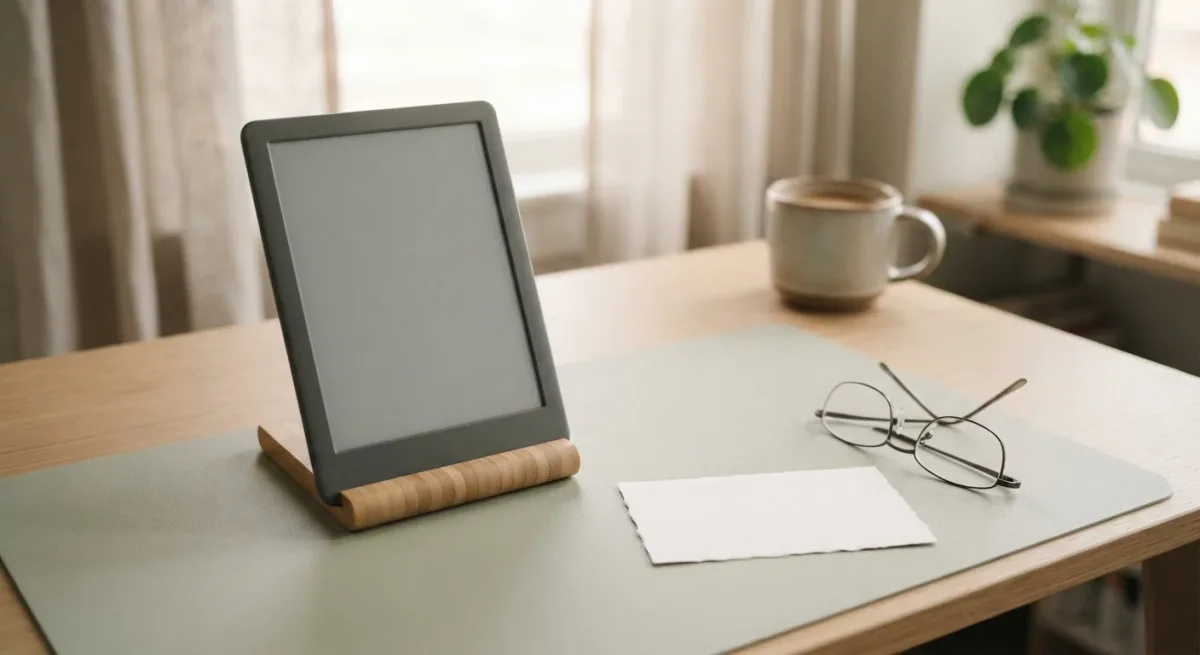 Unbranded e-ink tablet beside a plain checklist card and a pair of folding reading glasses