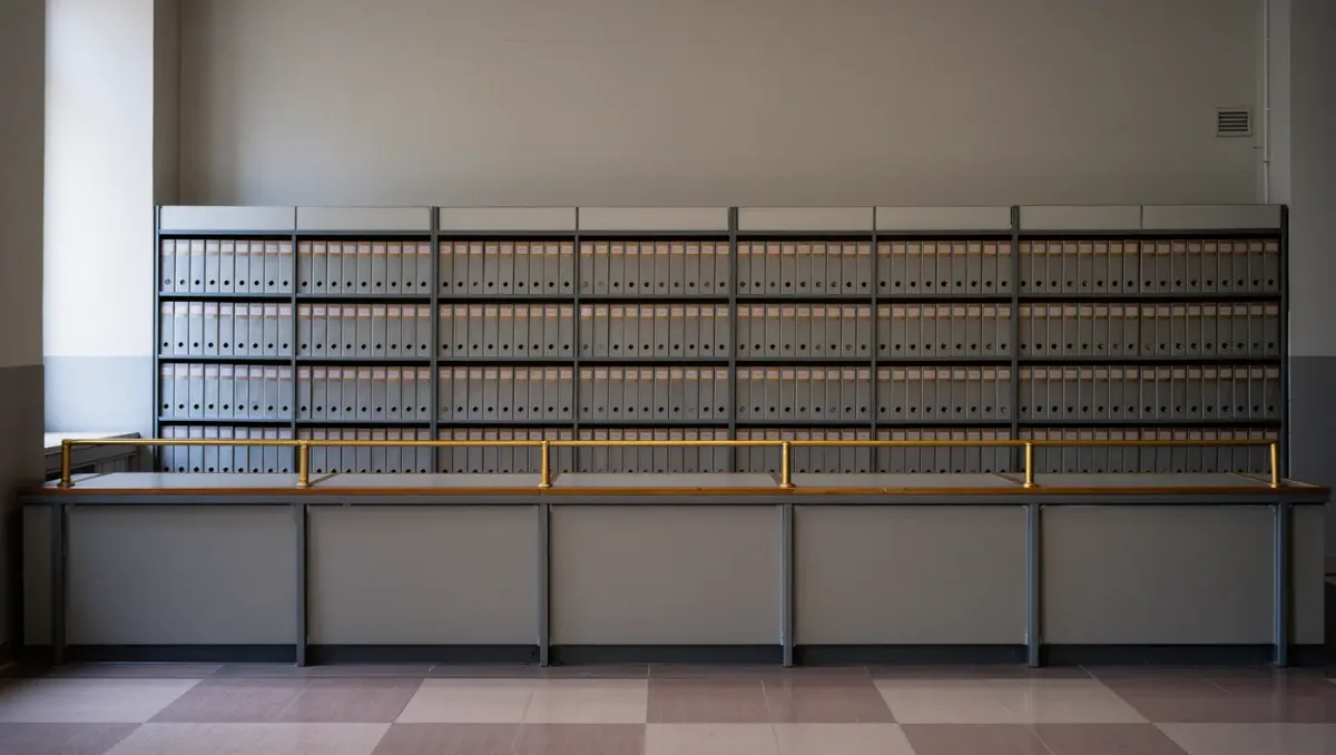 Wall of gray document binders above a public reading desk in a federal records room