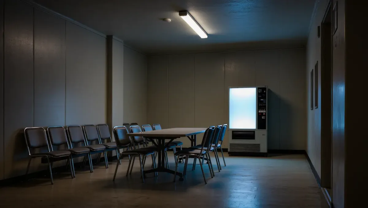 Night break room with a glowing vending machine and a row of empty chairs
