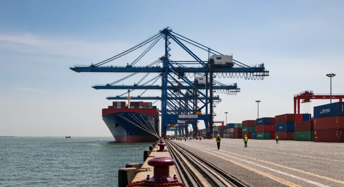 Container cranes working a Pacific coast port