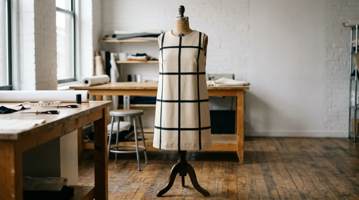 A wool shift dress pieced together mid-air like a Mondrian canvas, with black grid lines becoming visible across the fabric.