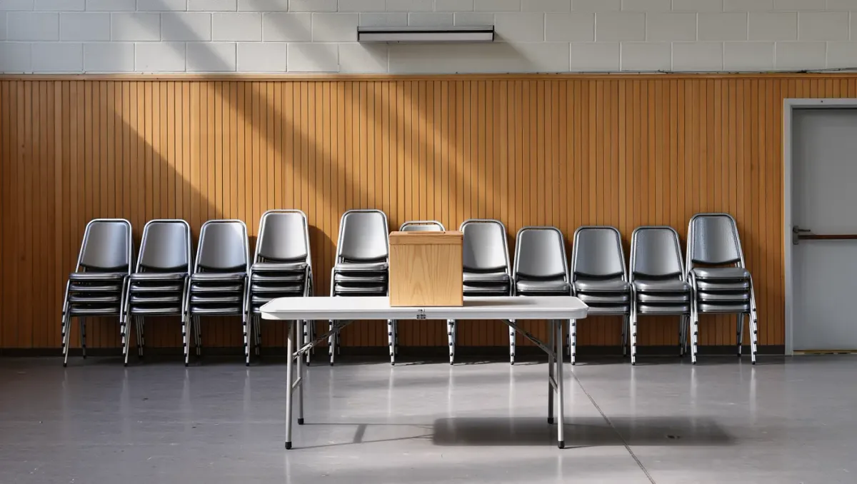 Folding chairs stacked in rows beside a wooden ballot box in an empty union hall