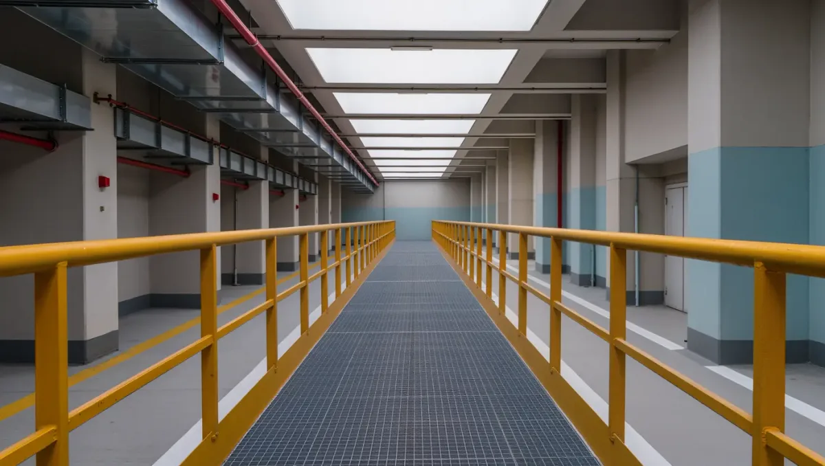 Industrial walkway with yellow safety railing