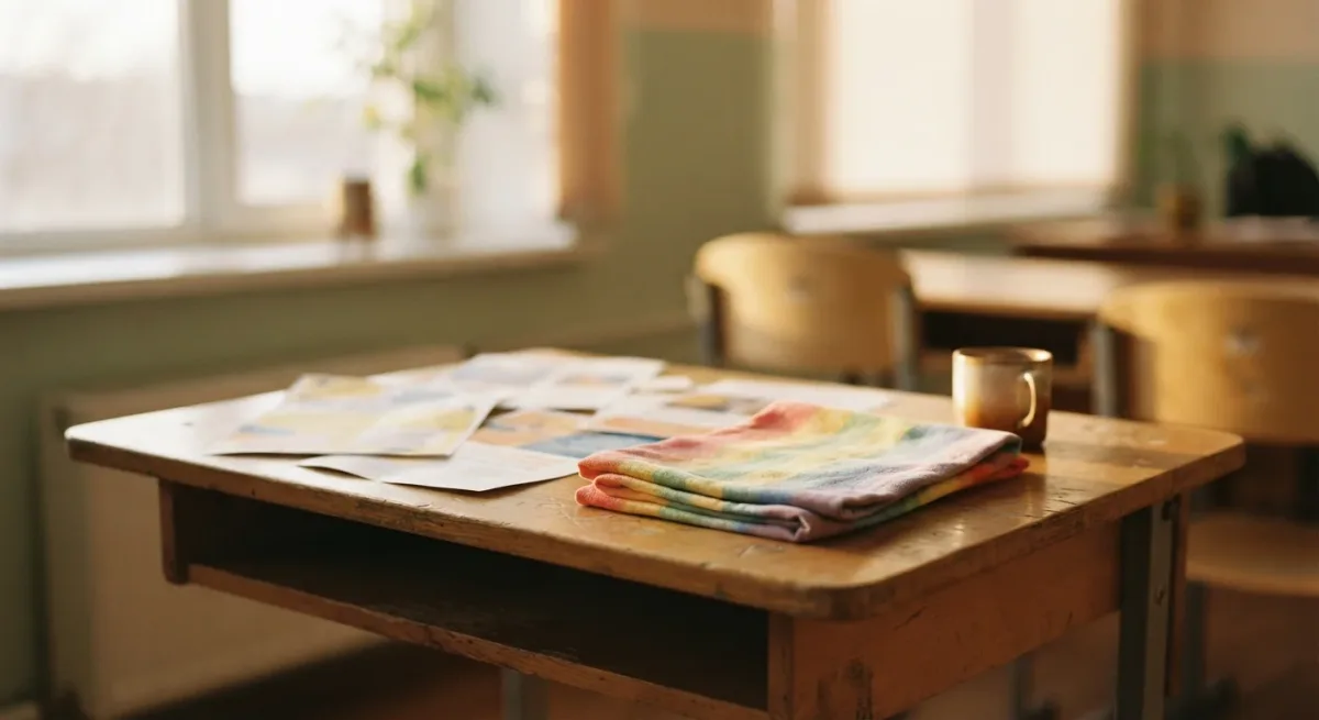 Classroom desks and flyers as abstract colour in morning light