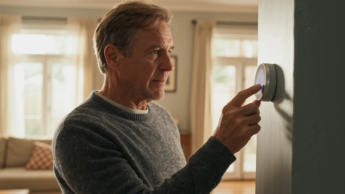 Homeowner adjusting smart thermostat on living room wall