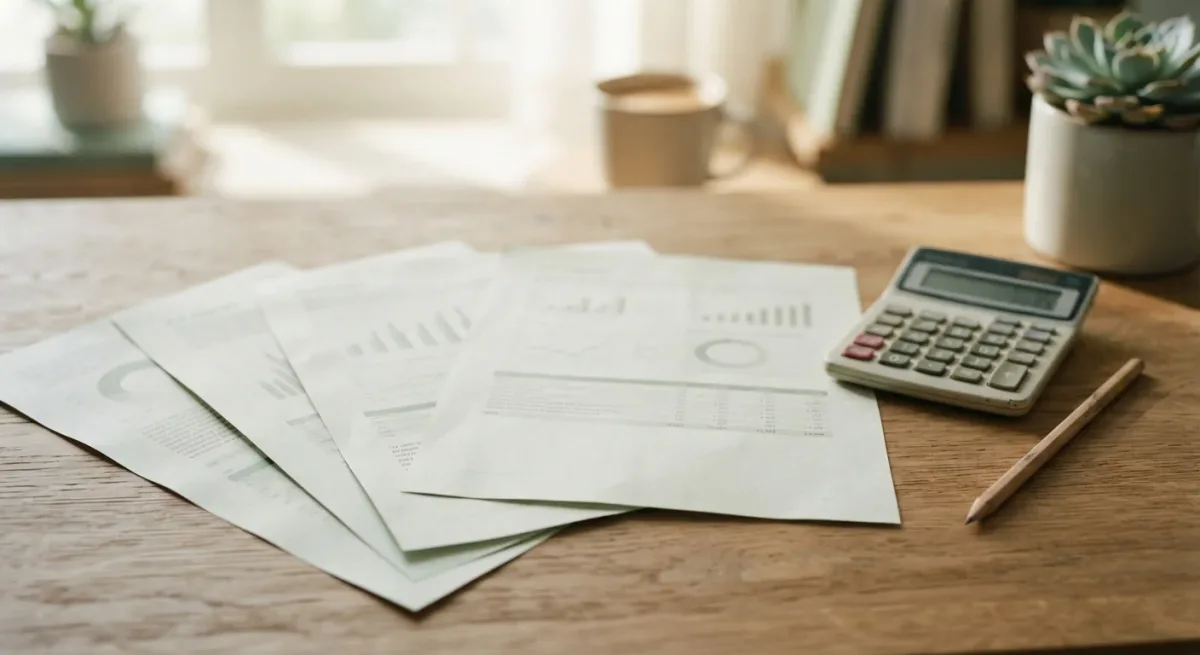Printed report pages beside calculator and pen