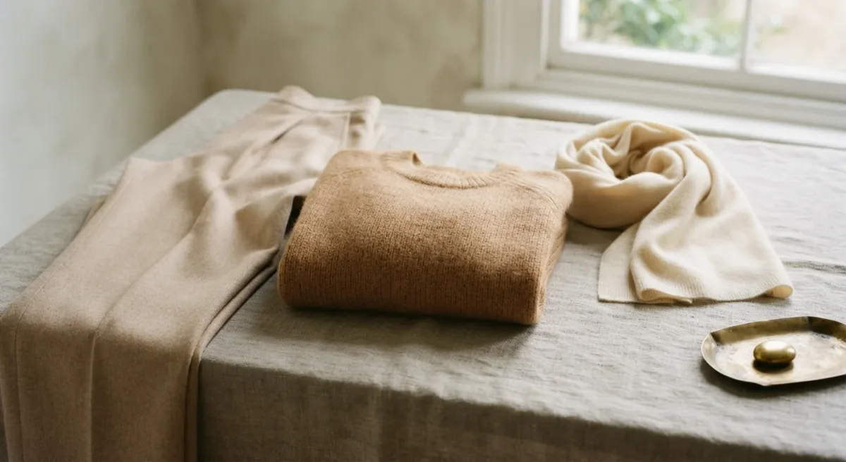 Neutral garments in one tonal range arranged on linen