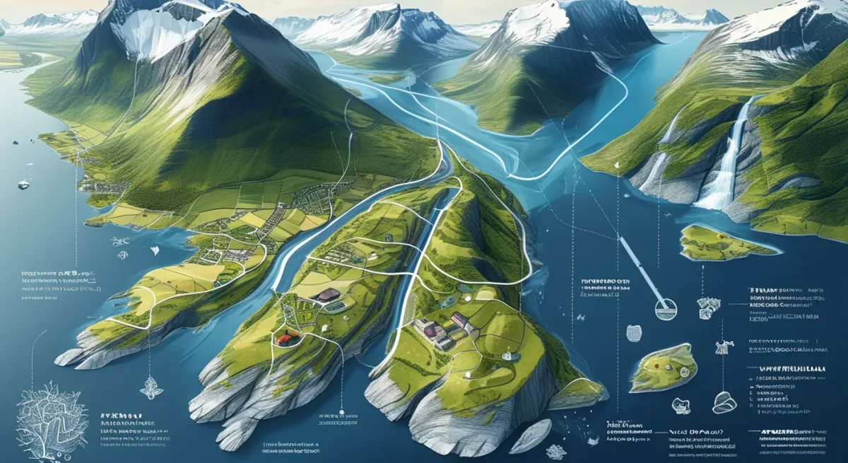 Route map infographic of Hardangerfjord with glacier and village stops