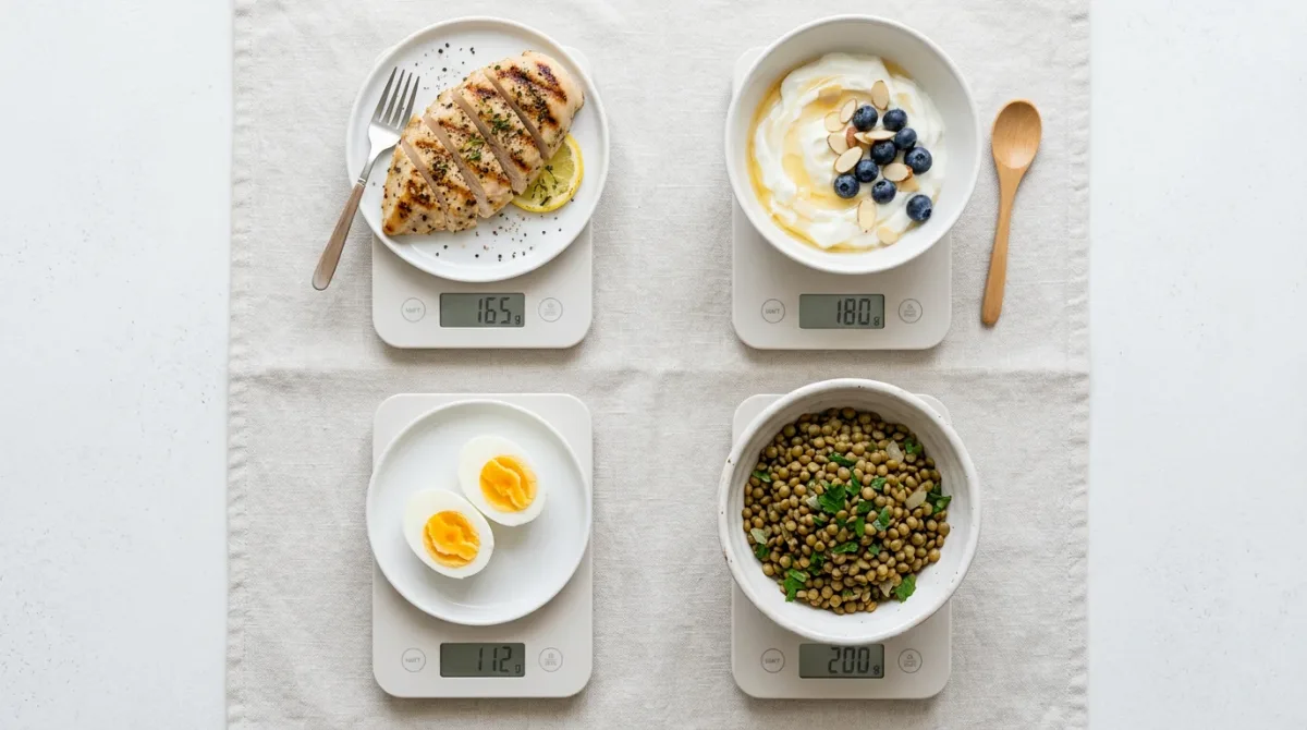 Measured food-scale portions of protein-rich foods (chicken, eggs, Greek yogurt, legumes) arranged beside a minimalist bar chart showing gram-per-kilogram thresholds.