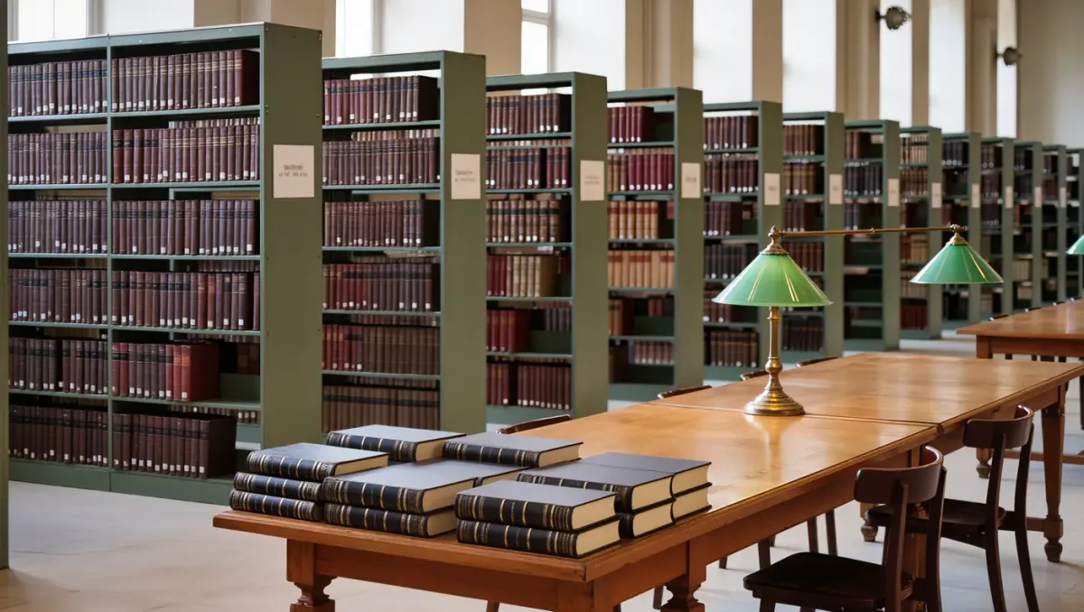 Leather-bound statute volumes and a single reading lamp on a long law library table