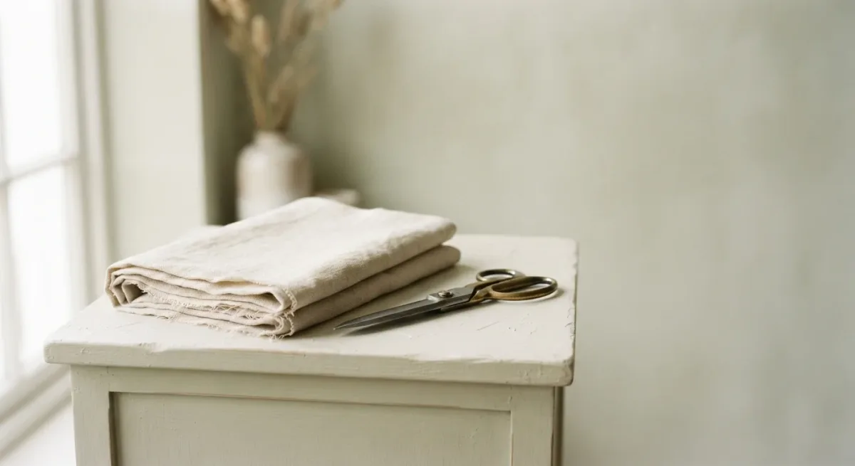Tailoring shears and undyed cloth in museum light