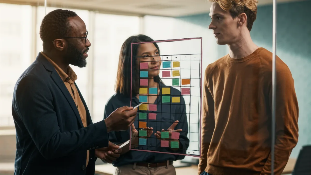 Bank compliance officers grading a risk matrix on a glass wall