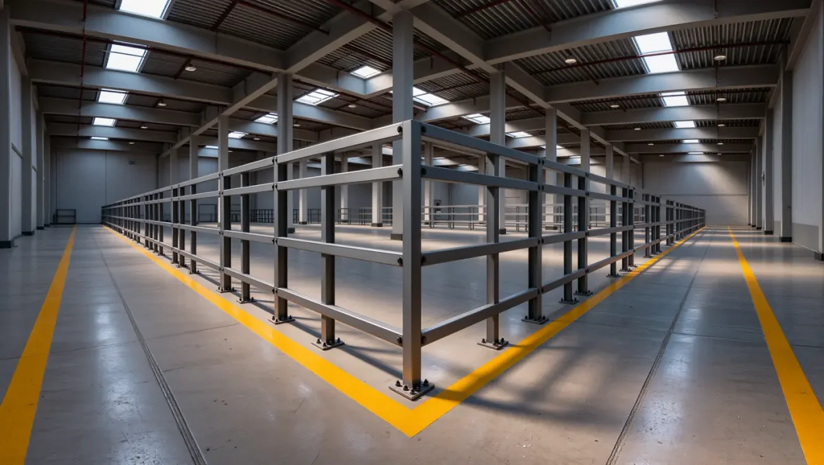 Warehouse safety rail and painted floor lanes
