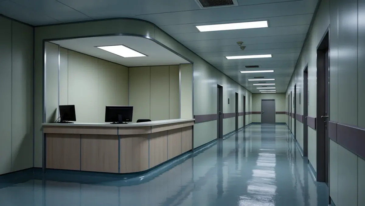 Night hospital corridor with an empty nurses station under pale light