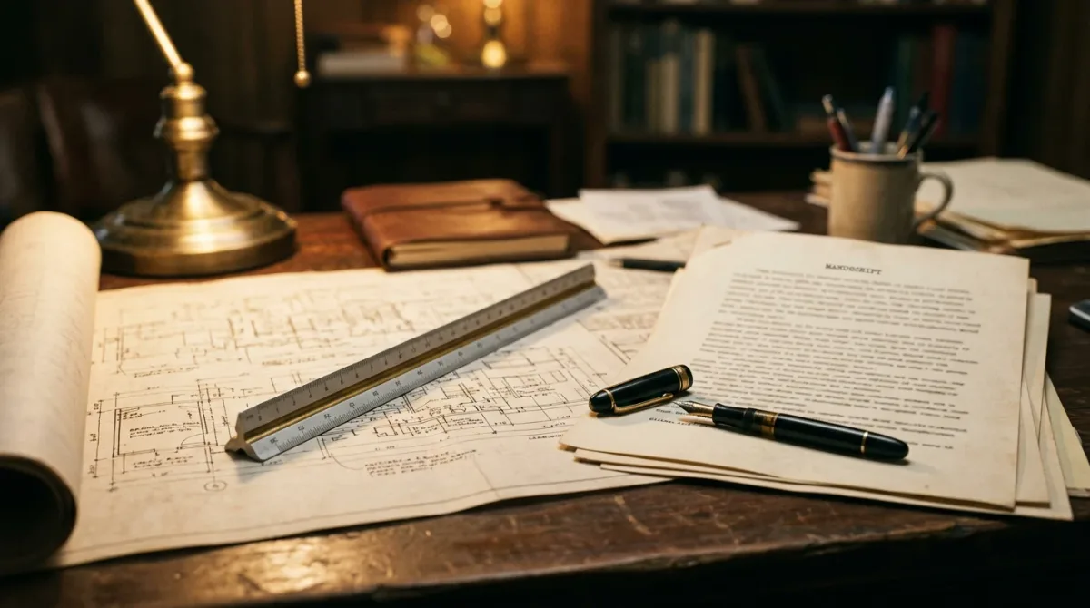 Architectural blueprint lines and a drafting ruler on one half, a hand-inked vine growing across the page on the other, the two meeting at a single typed manuscri.
