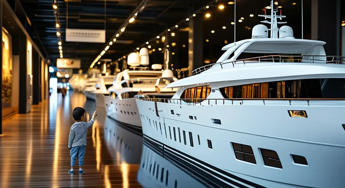 Visitors walking vast indoor boat show hall between white hulls