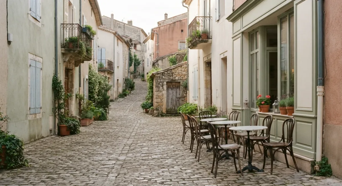 Cobbled hillside lane with tiled facades and empty café chairs