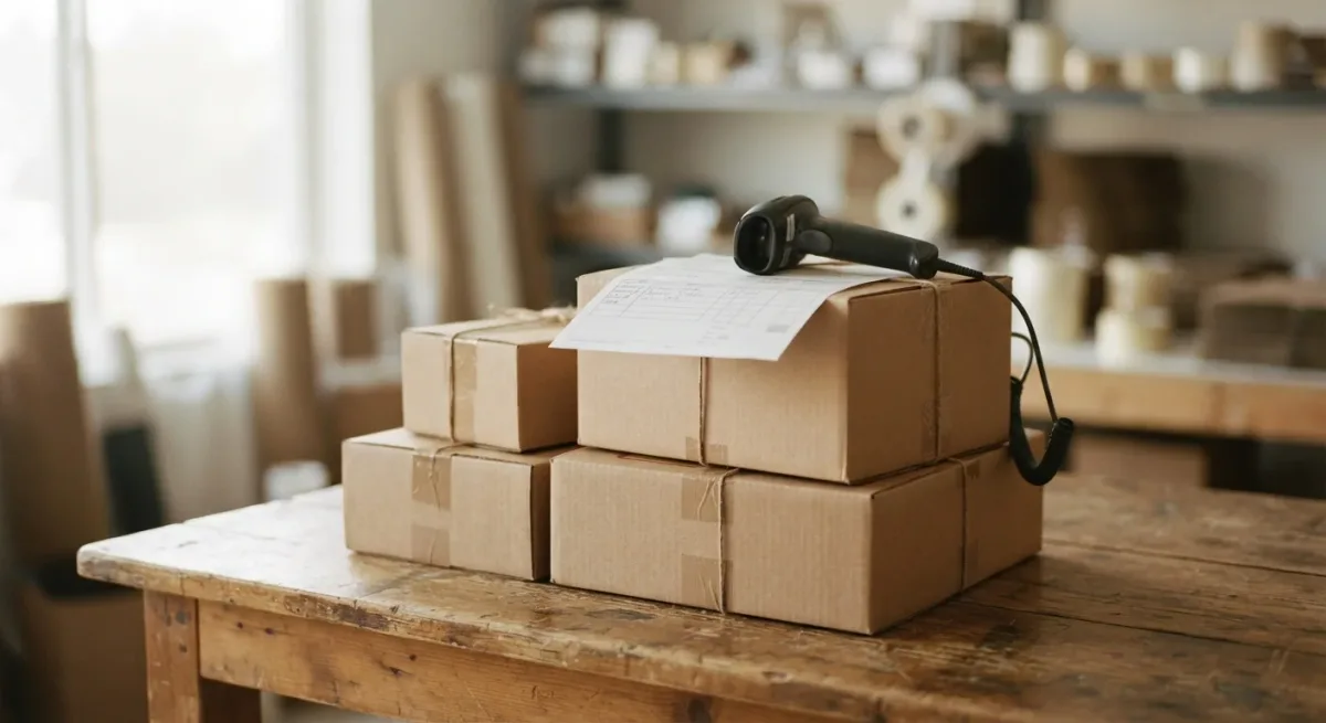 Stacked shipping boxes and a printed delivery log on a warehouse desk