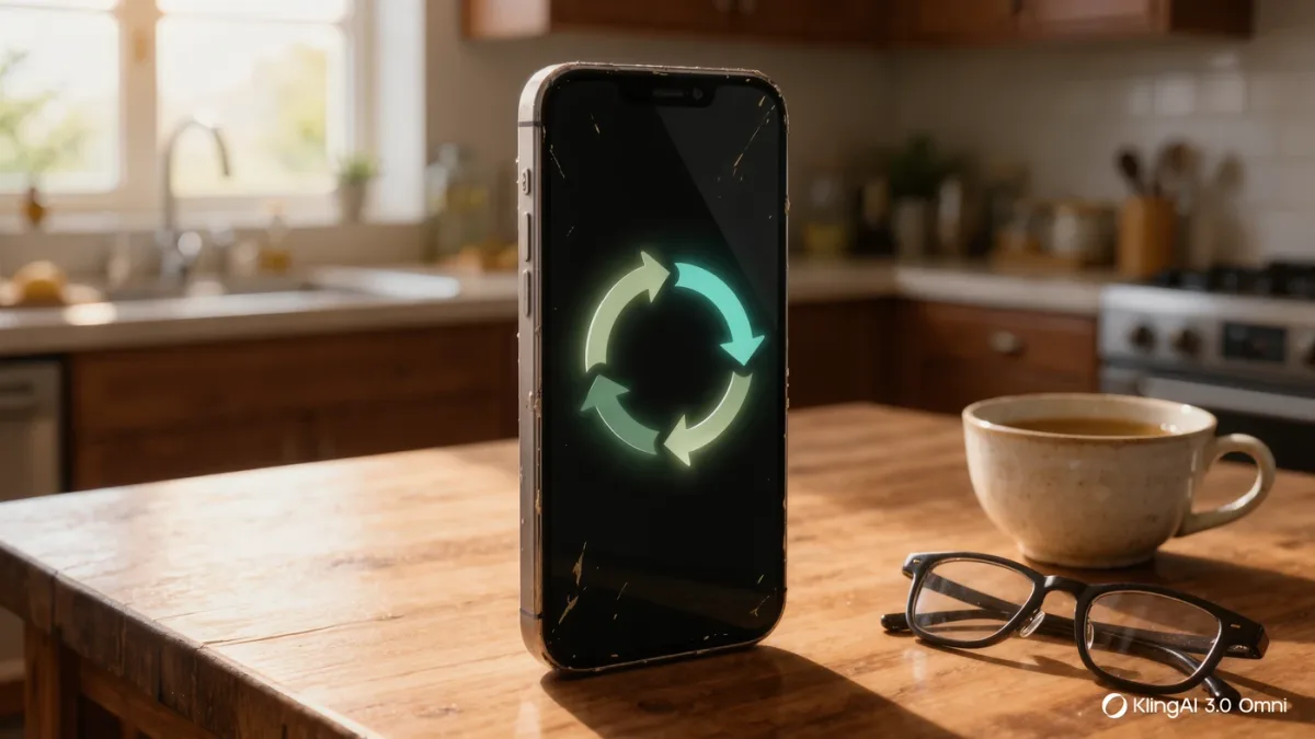 Close-up of a phone mid-update with progress ring on a worn device