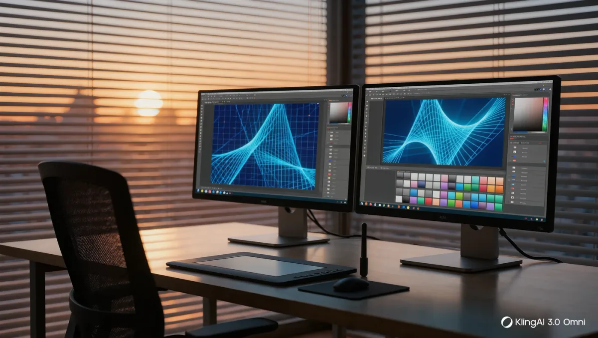 Design studio monitors showing interface prototypes in an empty office