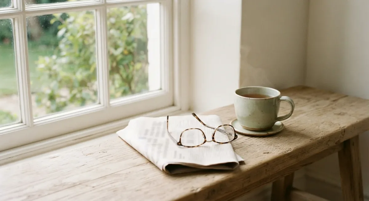 Folded newspaper beside reading glasses on wooden bench