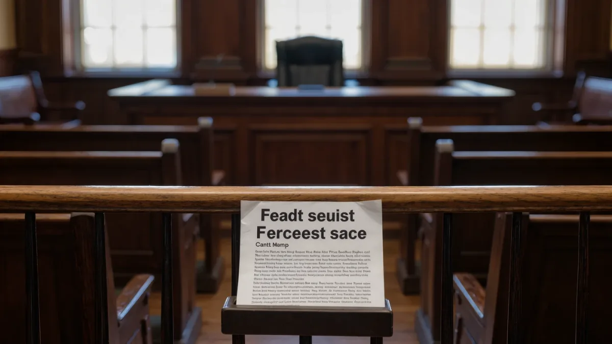 Empty courtroom with a printed standing order at the clerk's rail